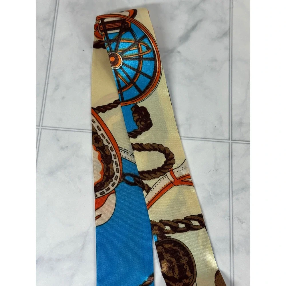 Blue Equestrian Print Skinny Scarf Handbag Wrap Headband Silk Style Tie